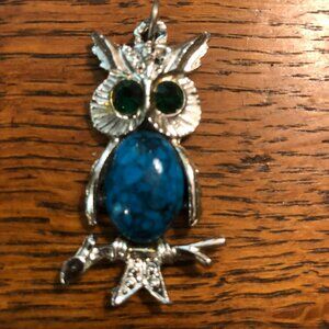 Owl Pendant Green Rhinestone Eyes Blue Marbled Chest 2"